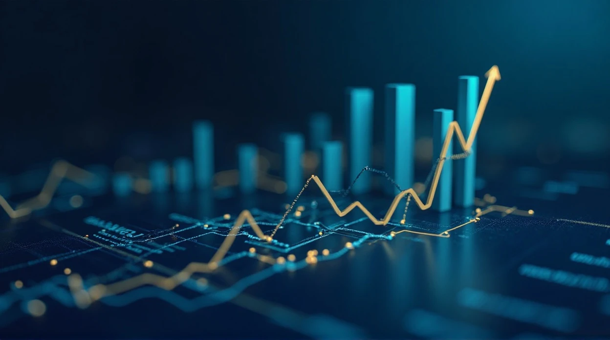 Graphiques financiers et indicateurs de performance avec calculatrice.