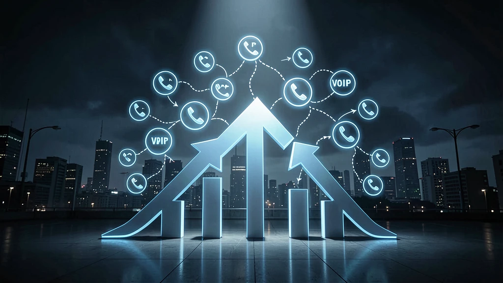 Illustration d'entreprise en croissance avec flèches ascendantes et icônes de téléphones IP.