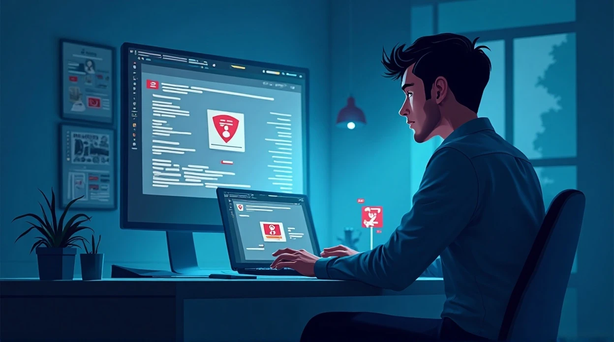 Illustration d'une tentative de phishing avec e-mail frauduleux et employé hésitant.