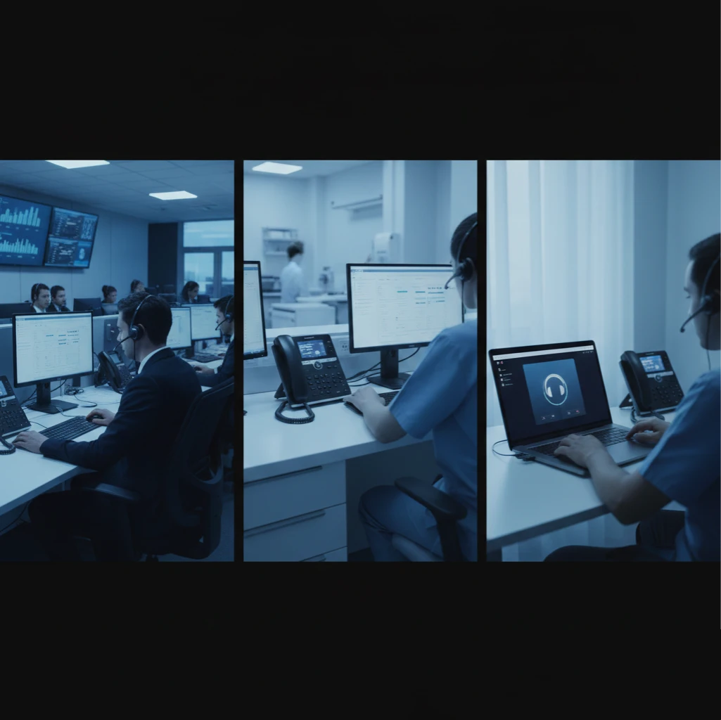 Collage d'images représentant des secteurs d'activité : centre d'appels, milieu médical, télétravail.
