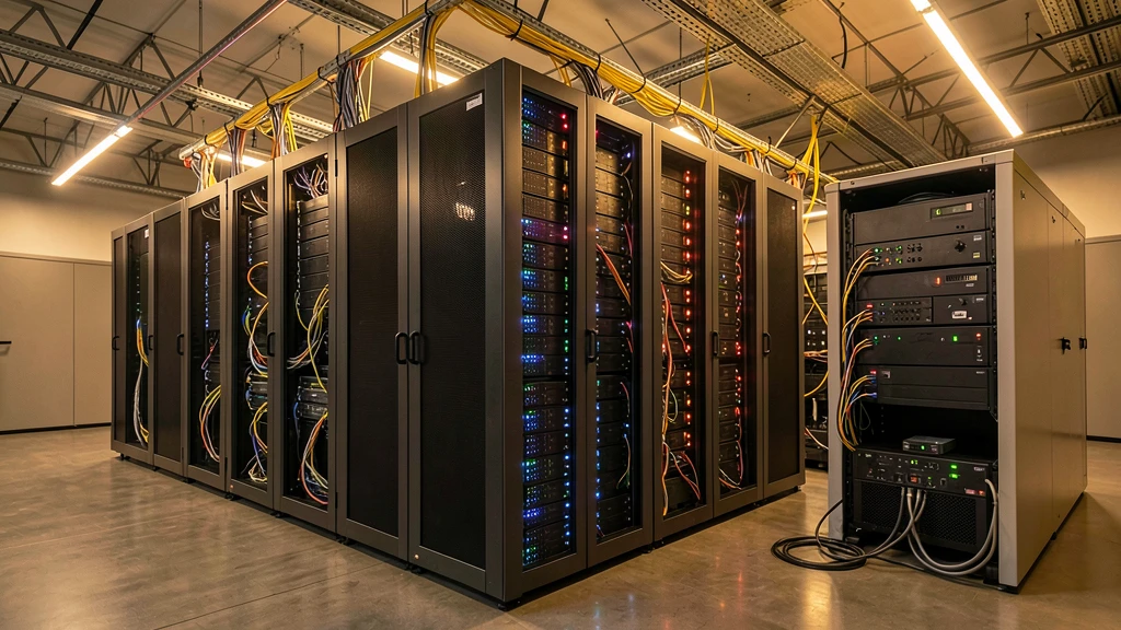 Vue d'ensemble d'un data center moderne avec baies haute densité et câbles structurés.