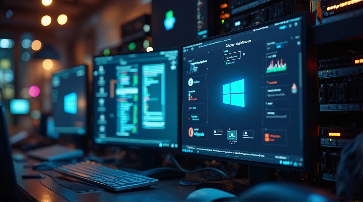 Serveur virtuel avec interfaces de gestion Windows Server et Linux et icônes de virtualisation.