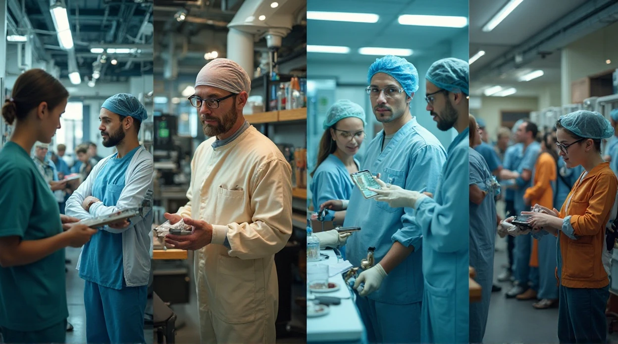 Collage d'images représentant les secteurs industrie, santé, éducation, hôtellerie.