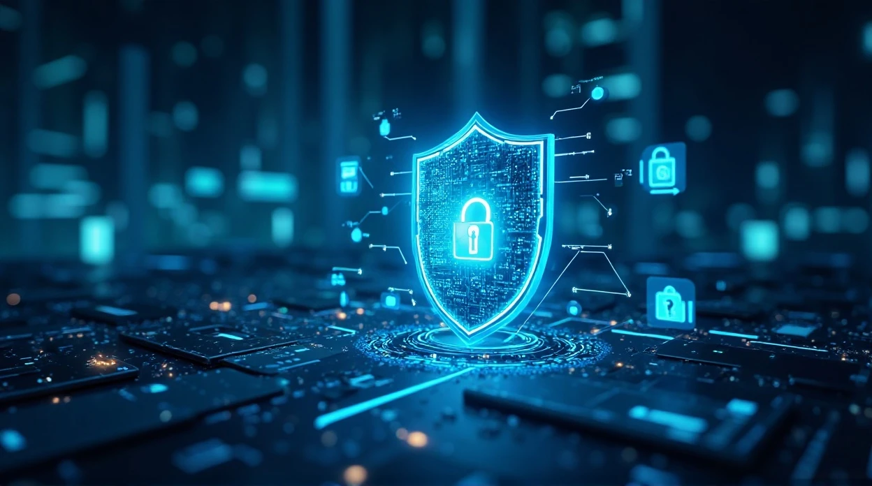 Bouclier numérique protégeant une infrastructure informatique avec icônes de sécurité.