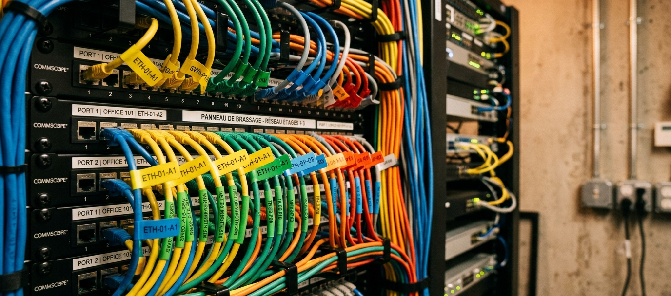 Étiquettes colorées et codes sur câbles et prises murales.