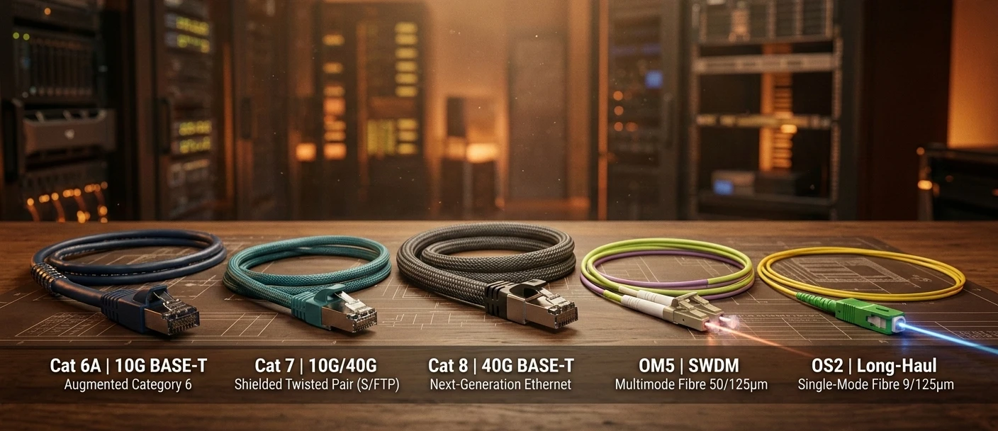 Gros plan sur câbles réseau informatique Cat 6A, Cat 7, Cat 8 et fibres optiques OM5, OS2.