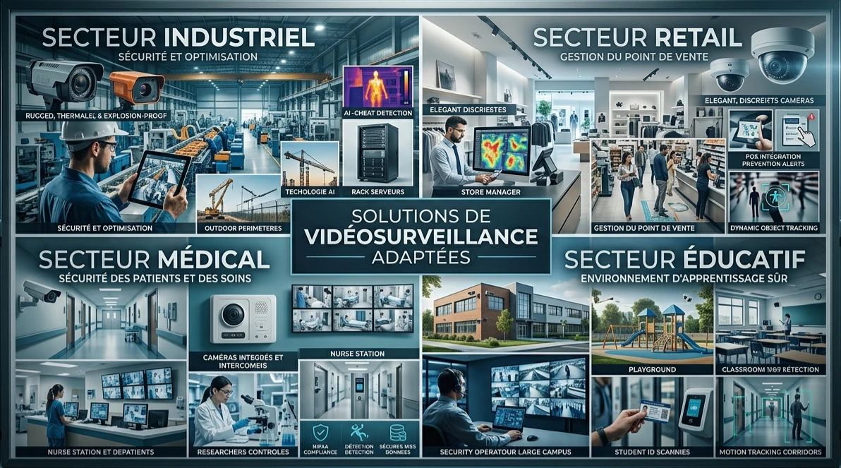 Collage illustrant des solutions de vidéosurveillance adaptées aux secteurs industriel, retail, médical et éducatif.
